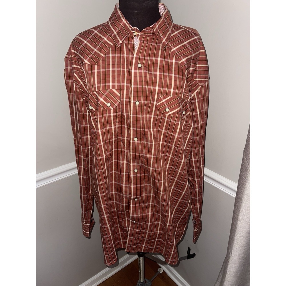 Cowboy Legend Pearl Snap Western Plaid Shirt Mens Size 2XLT Rust‎ Color